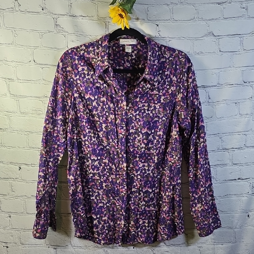 Coldwater Creek Long Sleeve Button Shirt Purple Pink Cream Grey-Brown Sz L 14